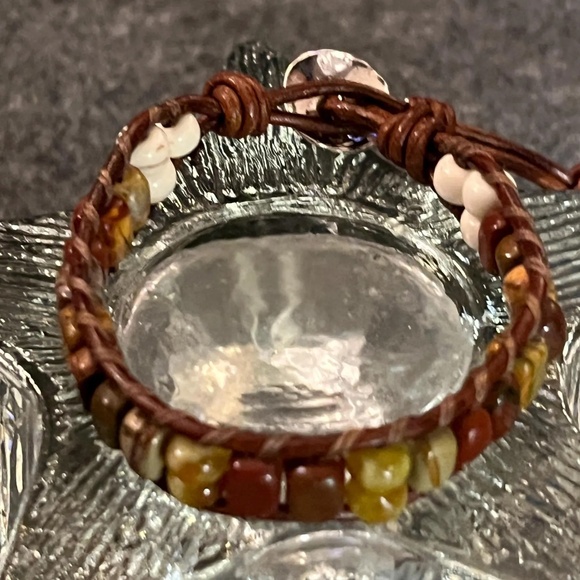Leather Wrap Bracelet - Red Creek Jasper, Serpentine Jade, Silver Artisan Button - Picture 6 of 8
